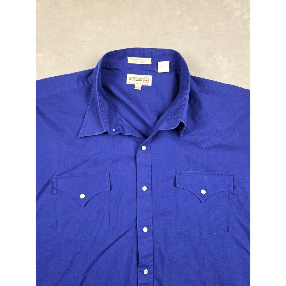 Vintage‎ Sheplers Western Shirt Mens 18.5-37 Tall Blue Purple Pearl Snap *Read